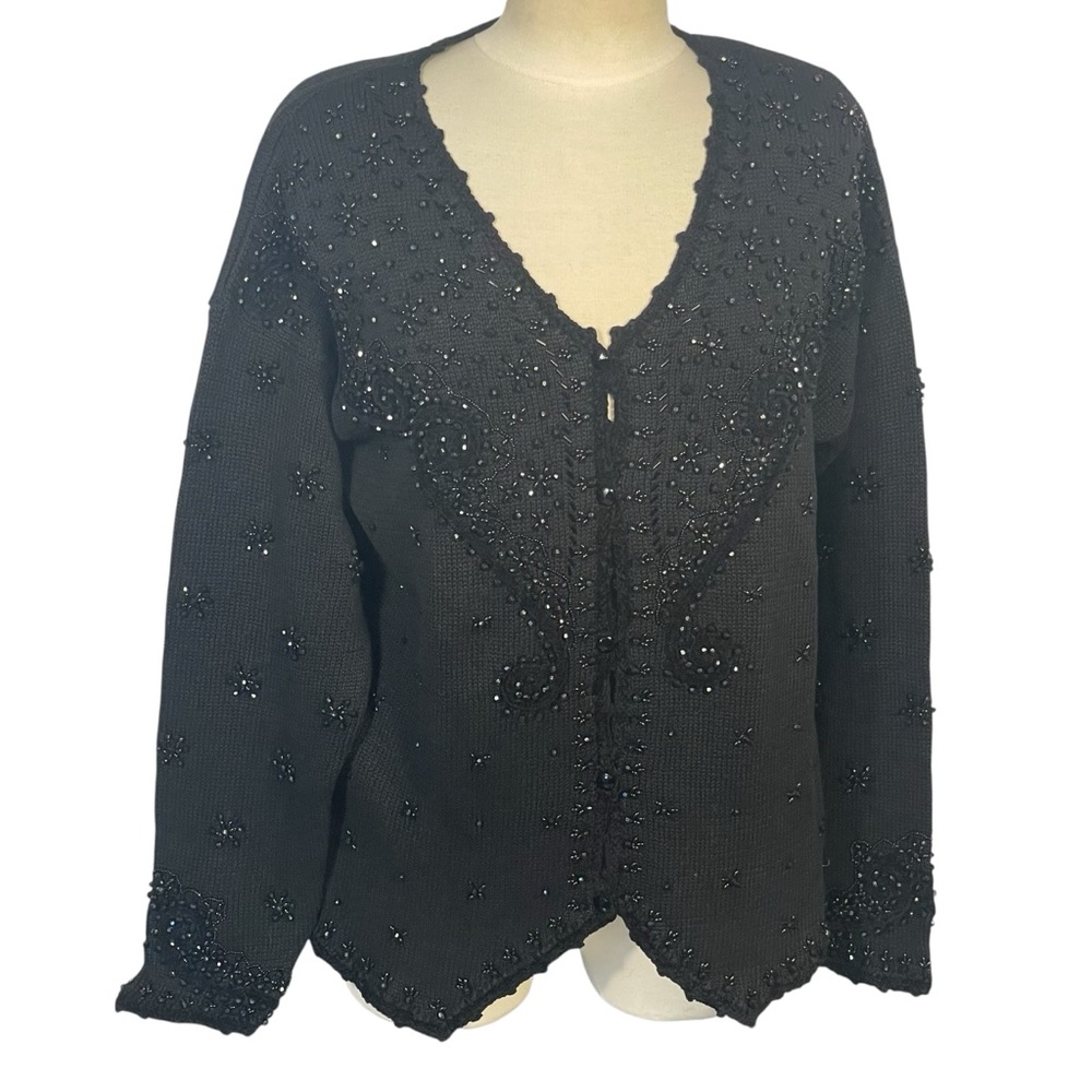 Maggie Lawrence Vintage Black Beaded Ramie Cotton Cardigan Sweater Sz 14
